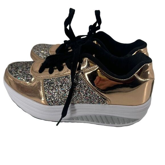 Glitter Metallic Rocking Sneakers Fashion Rose Gold Rainbow Glitter US Size 7 - Picture 3 of 10
